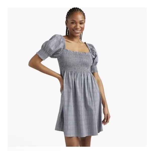 Hill House Home The‎ Athena Nap Dress Blue Grey Plaid Smocked Mini Dress XS - Image 2
