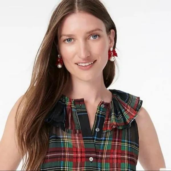 J. Crew Tartan Plaid Red Green Metallic Sheer Ruffle Button Tank‎ Blouse NWT S - Image 2