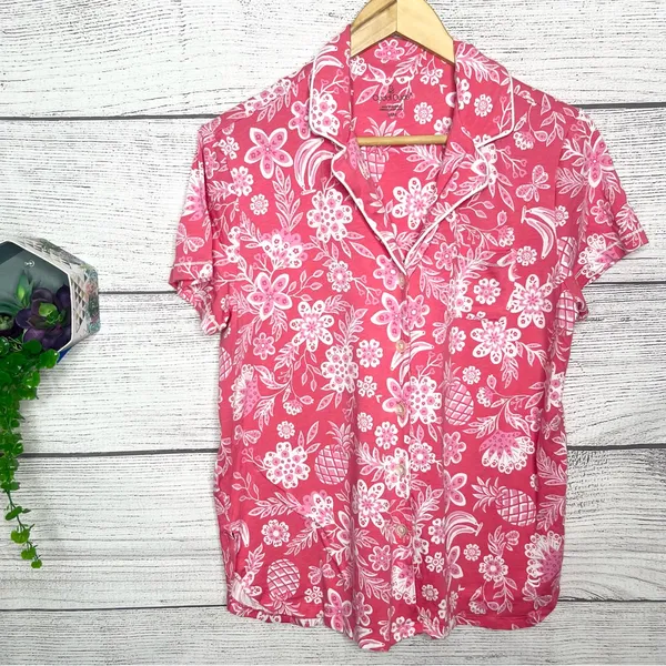 Cuddl Duds Pink Tropical Floral Pajama Top Size Medium Cotton Modal Button Front - Image 3