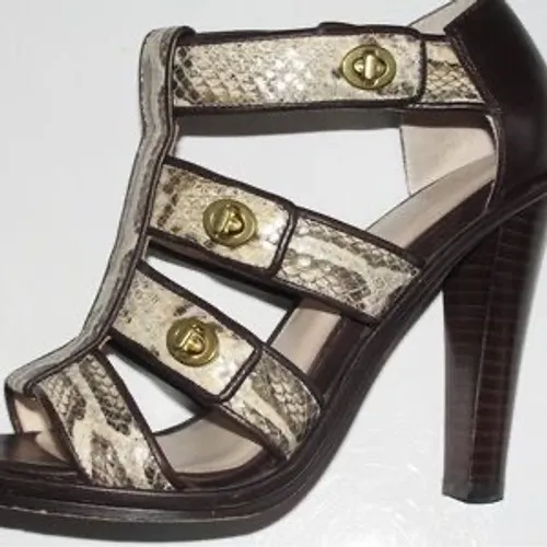 Coach Tamarah Heels Sz 6.5 Brown Snakeskin Turnlock Leather NWOT Mob Wife Caged - Image 9