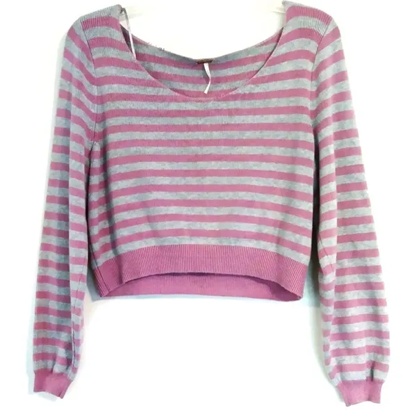 Free people gray pink striped crop off the shoulder sweater pullover size XS - Image 2
