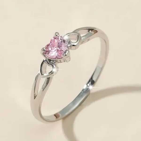 LOVE Heart-shaped Pink and White Silver Ring Size 7 - Image 3