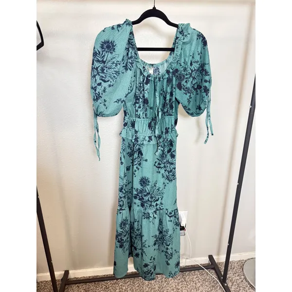 Cato Teal Navy Floral Puff Sleeve Smocked Tiered Midi Dress XSP‎ Petite - Image 2