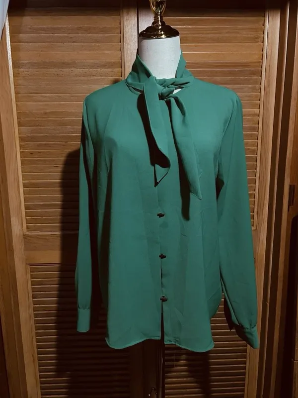 ZARA Green Chiffon Polyester Collared Tie Neck Button Blouse Long Sleeve M - Image 2