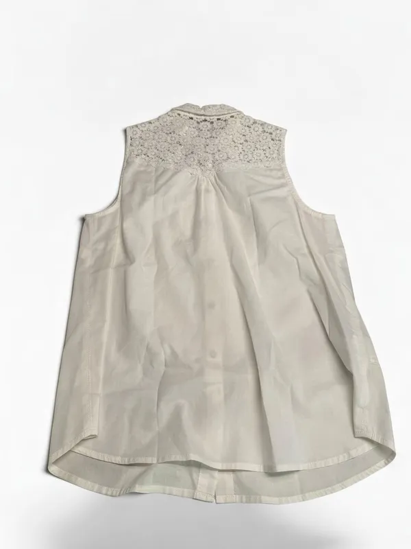Promod Women's White 100% Cotton Sleeveless Lace Yoke‎ Button Down Blouse - Image 2