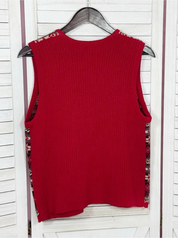 Vintage Requirements Fair Isle V Neck Zip‎ Up Sweater Vest Red Multi Medium - Image 8