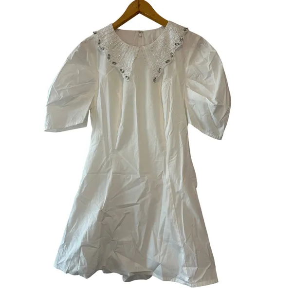 Anthropologie BHLDN Pearl Crystal Collar Puff Sleeve Ivory Mini Dress M‎ - Image 3