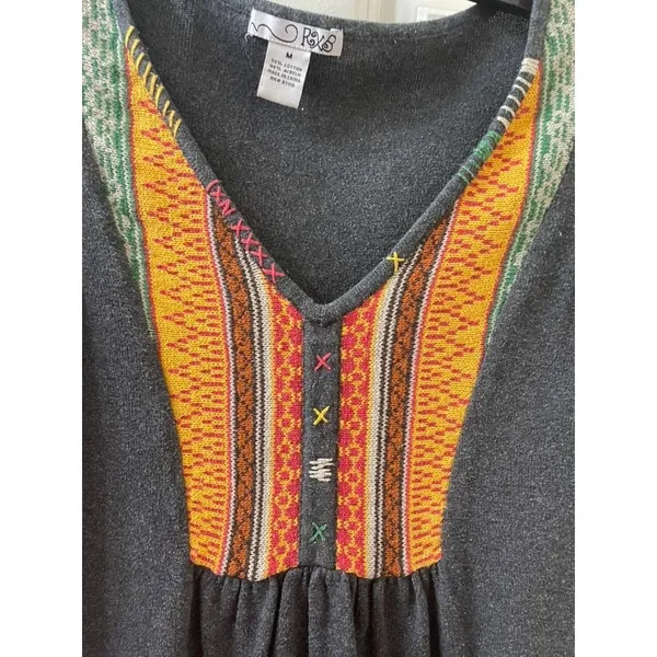 RXB gray boho sweater with embroidered V-neck and balloon sleeves Sz M - Image 2