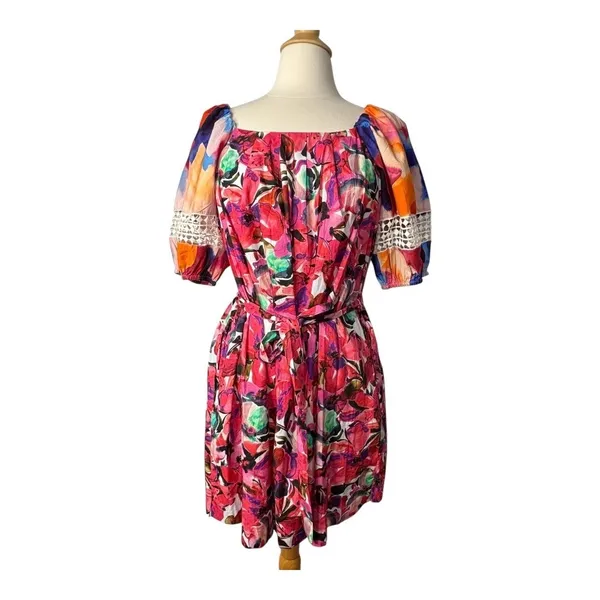 French Connection Isadora‎ Patch Poplin Bardot Dress Medium Multicolor Mini NWT - Image 5