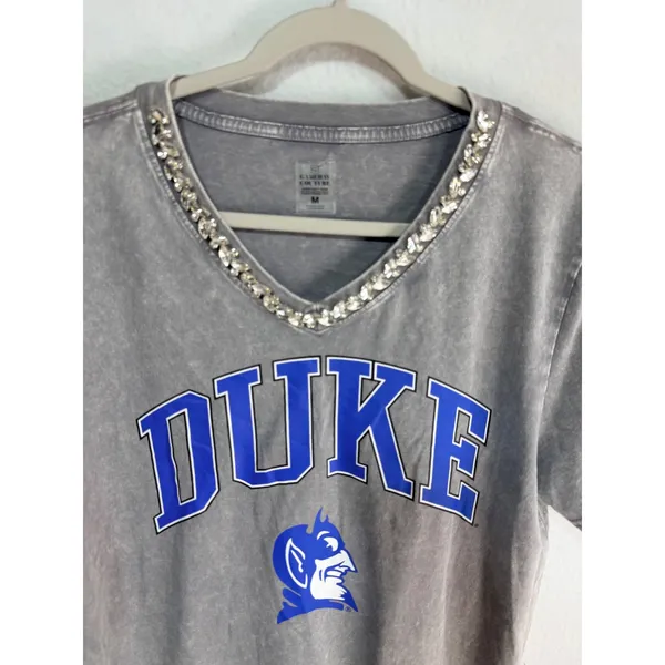 Duke Relaxed Jeweled Rhinestone V-Neck Tee Women's Med Grey Gameday Couture New - Image 5
