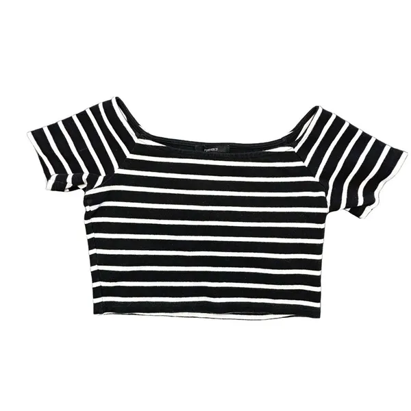 Forever 21 Horizontal black and white striped off the shoulder trendy y2k look crop top S - Image 2