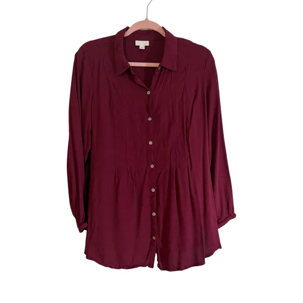 J. Jill Button Down Shirt Burgundy XL Women Pintuck Rayon Long Sleeve Tunic - Image 2