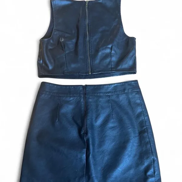 Black Leather Matching Set Crop Top Mini Skirt Faux Leather Sz S - Image 4