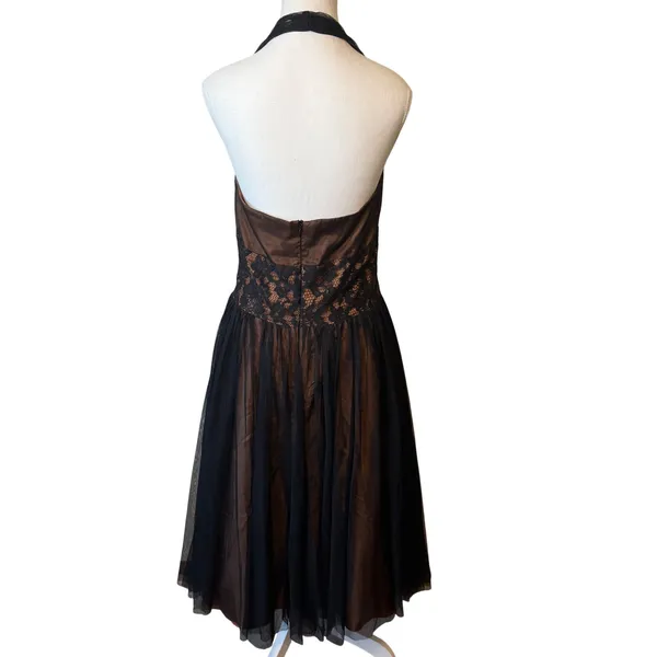 VTG Y2K Betsy & Adam Womens Dress 12 Black Bronze Halter Lace Mesh Prom Cocktail - Image 7