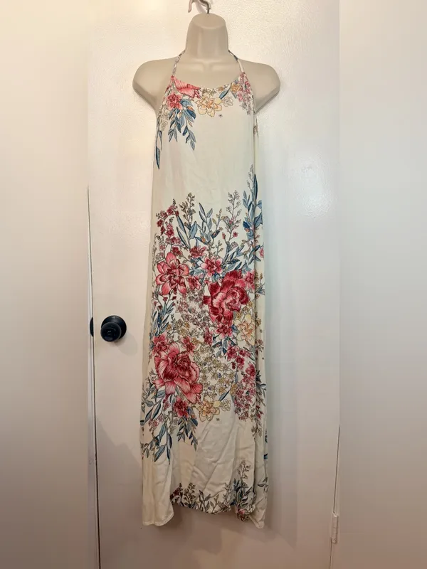 Billabong XS San Sebonne Floral Halter Maxi Dress Ivory Pink Crinkle Open Back - Image 2