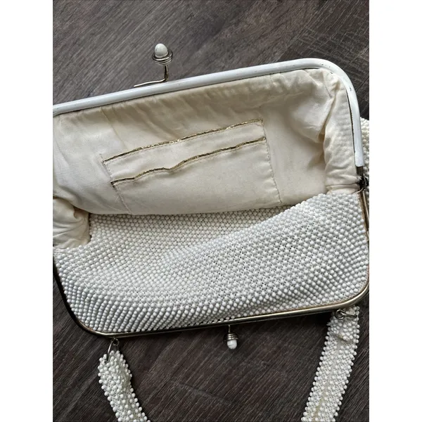 60s Beaded White Handbag Handle Evening Bag Purse USA Two Sided - Image 11