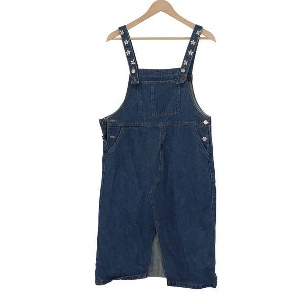 X-Girl Denim Overall Pinafore Dress Blue Daisy Embroidered Straps Midi Size M - Image 2