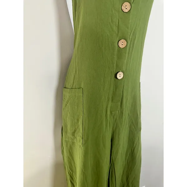 OVVABABY Women Olive Green 100% Cotton Wide Leg Button Front Overalls Jumper 2XL - Image 3