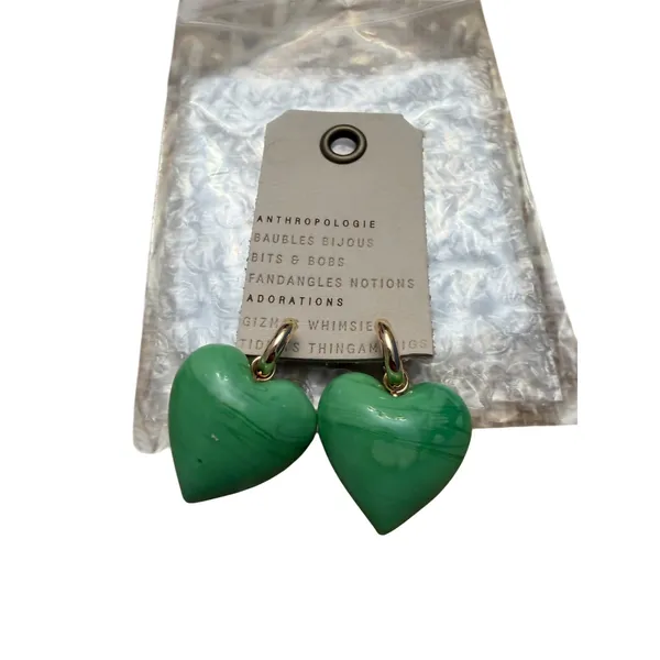 Anthropologie Green Marbled Heart Hoop Earrings 14K Gold Plated‎ NWT - Image 4