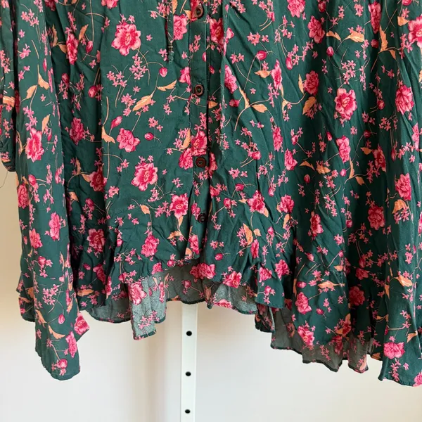 Free People Floral Mini Babydoll Dress Button Front Long Sleeve Green Pink M‎ - Image 5