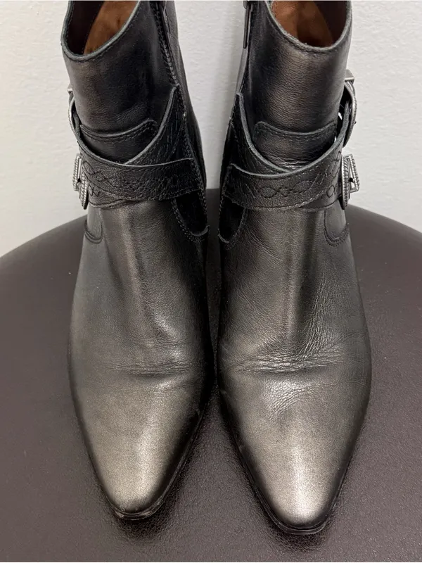 Frye Dark Pewter Leather Ellen Buckles Pointed Toe Block Heel Ankle Boots 7.5 M - Image 7