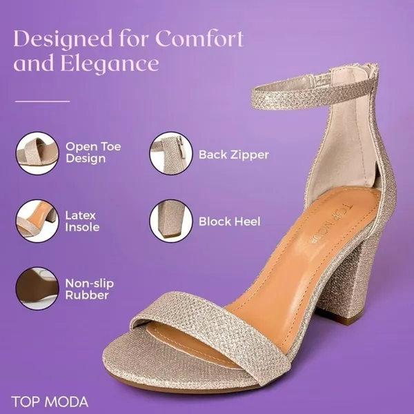 TOP MODA Hannah Ankle Strap High Heel Block champagne gold sparkly women’s 6 EUC - Image 7
