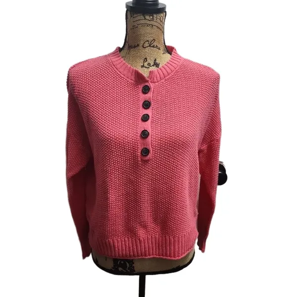 American‎ Eagle Womens Waffle Knit Henley Top Size M Pink Coral Button Front - Image 2