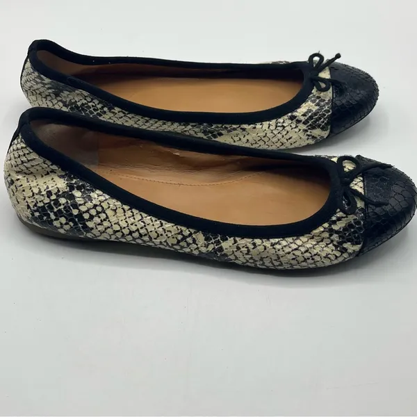 J Crew Factory Sz 7 Ballet Flats Slip On Shoes Snakeskin Print Black Cream - Image 11