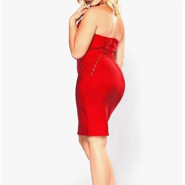 Hybrid & Company Sz M Red Sexy Bodycon Strappy Knee Length Midi Bandage Dress - Image 2