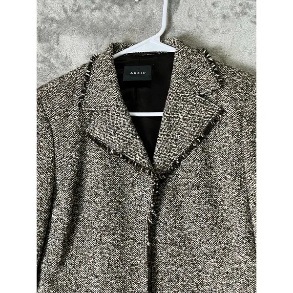 AKRIS Wool Tweed Blazer Jacket Size 6 Brown Black Textured Career Luxury Classic - Image 2