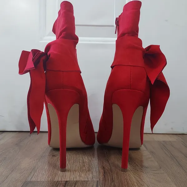 Vegan Suede Shoe Dazzle Lipstick Red Stilletto Ankle Boots w/ Bow Women's Sz 10 - Image 4