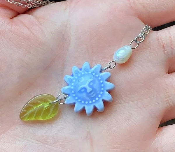 Handmade unique funky cute light blue ceramic sun & Czech glass leaf & freshwater pearl necklace☀️🌿 - Image 2