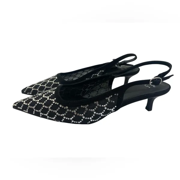 A New Day 6.5 Rhinestone Sexy Slingback Black Mesh Pointed Toe Heels Wedding - Image 4