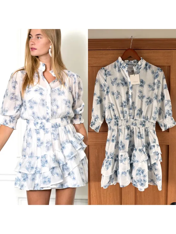 NWT The Shirt Rochelle Behrens Tiered Mini Dress White Blue Floral Women’s Small - Image 2