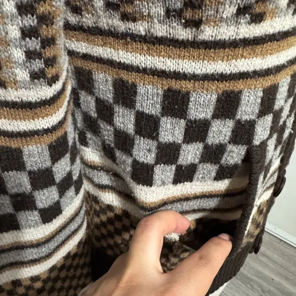 Vans Rare Retro Hooded Cardigan Sweater Brown Checkerboard Geometric Knit Size M - Image 6