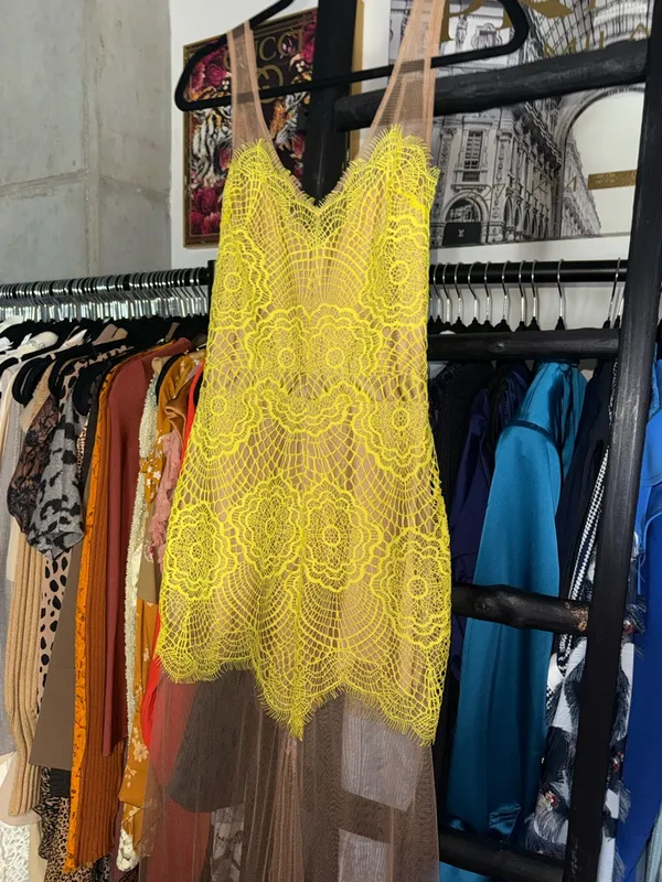 For Love Lemons Antigua Maxi Dress Chartreuse Lace Mesh Sheer Overlay Womens XS - Image 5