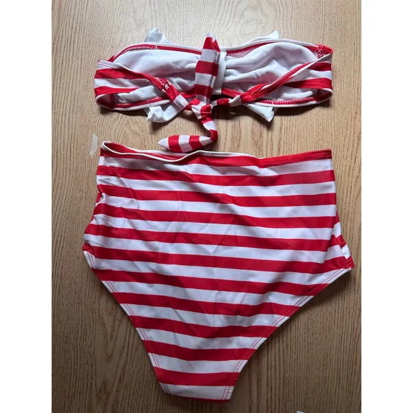 B45 New Womens AMI 2Pc Red White Striped Bikini Set High Waisted Small Waist 24" - Image 3