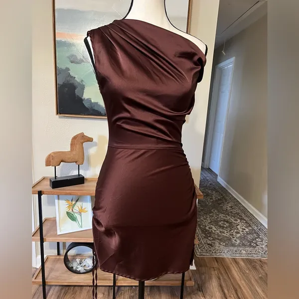 Lioness Original Sin Satin Mini Dress Garnet One Shoulder Ruched Party XS - Image 2
