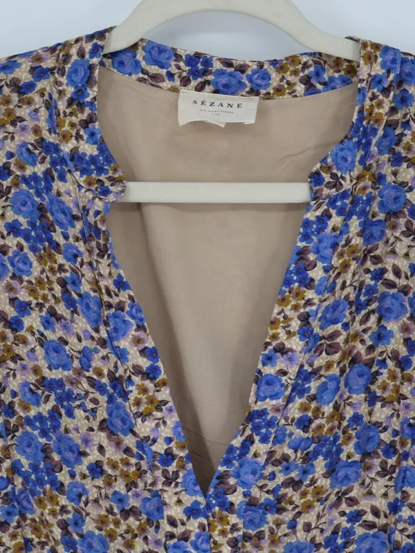 Sézane Bohemia Dress Women’s FR 44 US 12 Blue Floral Silk Blend Mini Cottagecore - Image 3