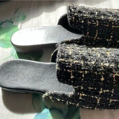 Black and Gold Textured Mules with Open Heel size 7.5/39 Sandals Elegant - Image 4