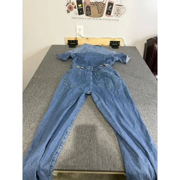 GAP Women's Blue Denim Coverall Jumpsuit Sz 0 Short Sleeve Button Front Pockets - Image 8