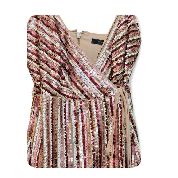 BcbgMaxAzria Sleeveless Bare Pink Combo Sequence Faux Wrap Mini Dress Size 2 - Image 7