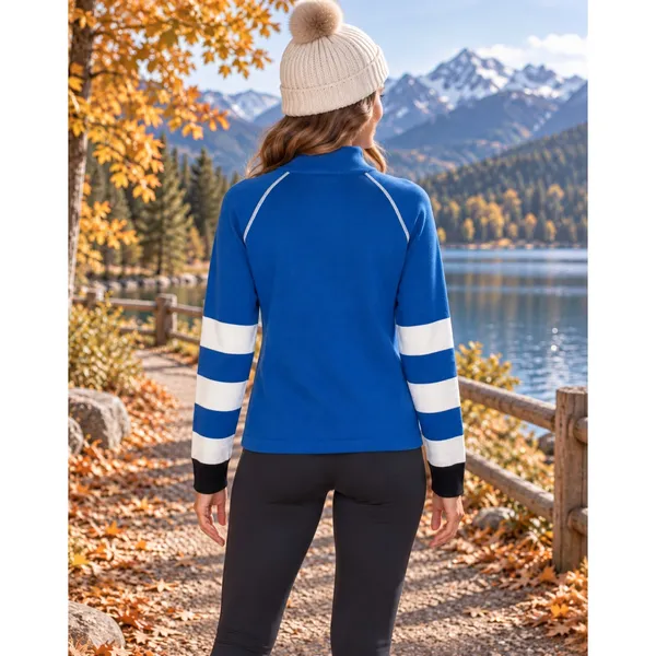 NEVE Quarter Zip Ski Sweater Blue White Striped Black Cuffs 100% Cotton X-Large - Image 7