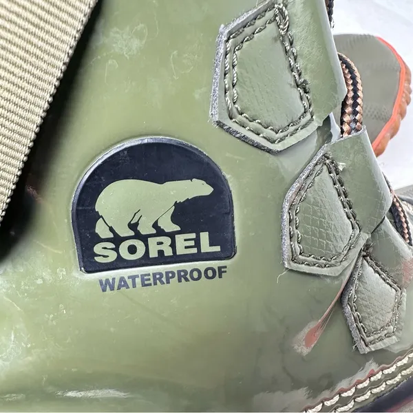 Sorel Waterproof Out And About Green Olive and Orange Winter Ankle Boots - Image 11