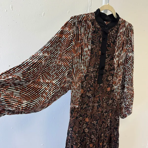Warm NY Mixed Print Silk Viscose Midi Dress Brown Floral Stripe Size 0 Boho Fall - Image 6