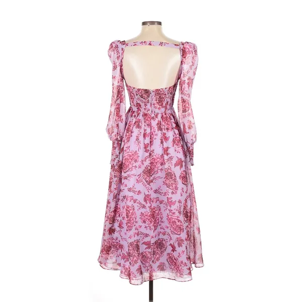 Badgley Mischka Floral‎ Chiffon Midi Dress Lavender Pink V-Neck Sz 2 Long Sleeve - Image 2