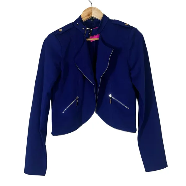 NWT Chocolate Moto Jacket Textured Cropped Open Front Royal Blue Edgy Size M - Image 4