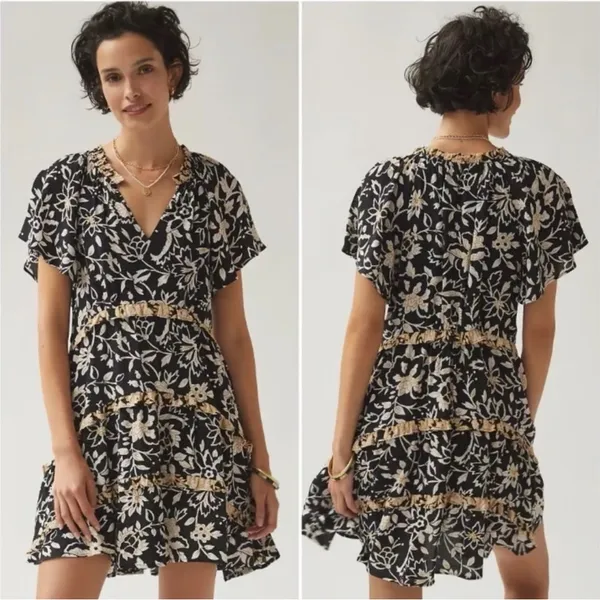 Anthropologie Black Floral Mini Dress with Beige Trim - Image 2