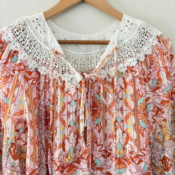 Anthropologie Lounge Dress Florence Floral Lace XS Boho Tiered Puff Sleeve - Image 7