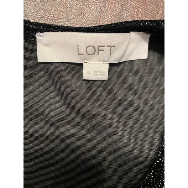 LOFT Metallic Shimmer Black Silver Puff Sleeve Shift Dress Size M Party Cocktail - Image 4